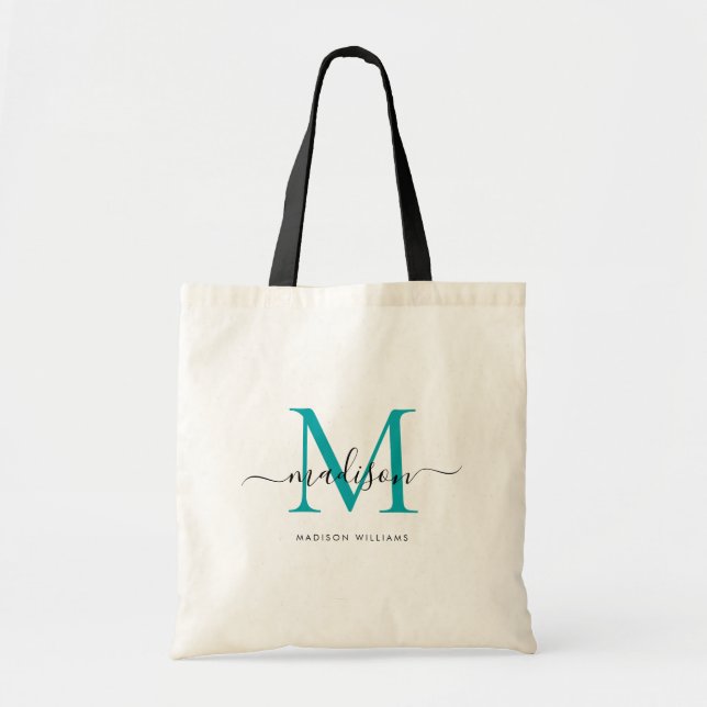 Bolsa Tote Chic Verde Teal Preto Monograma Inicial Script Nom (Frente)