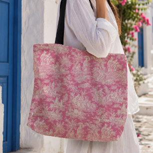 Bolsa Tote Chic vintage - Tóile de jouy rosa-quente