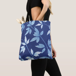 Bolsa Tote Chic Watercolor Blue Floral Folhas Botânicas
