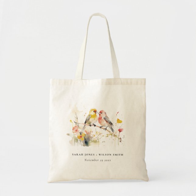 Bolsa Tote Chic Wild Botanical Watercolor Love Birds Casament (Frente)