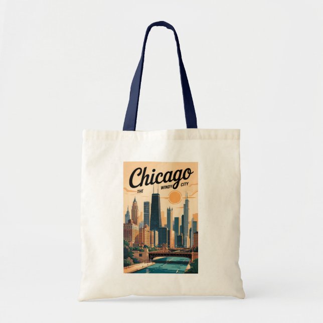 Bolsa Tote Chicago Illinois - Skyline Viagem Art Vintage (Frente)