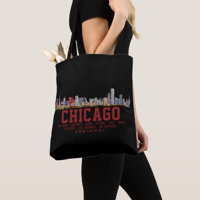 Bolsa Tote Chicago Skyline. Nomes e coordenadas de área (Close Up)