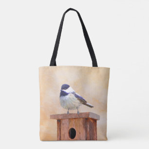 Bolsa Tote Chickadee on Birdhouse Painting Original Bird Art