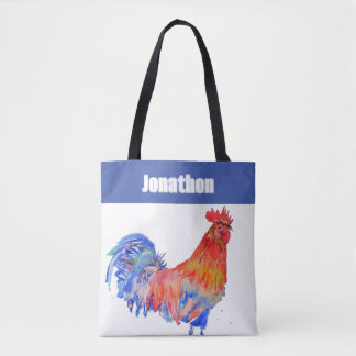 Bolsa Tote Chicken Rooster Bird Kids Boys Name Blue Red