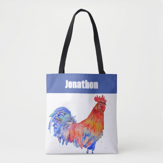 Bolsa Tote Chicken Rooster Bird Kids Boys Name Blue Red (Frente)