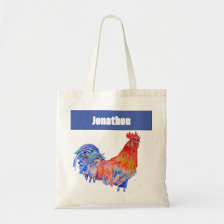 Bolsa Tote Chicken Rooster Bird Kids Boys Name Blue Red