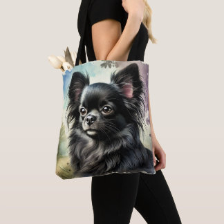 Bolsa Tote Chihuahua de Cabelo Longo Negro em Watercolor