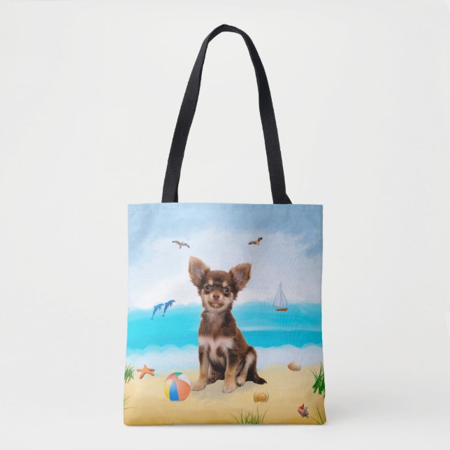 Bolsa Tote Chihuahua Dog na praia (Frente)