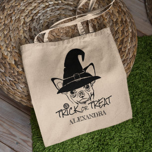Bolsa Tote Chihuahua Halloween Doces ou Travessuras Nome Pers