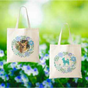 Bolsa Tote Chihuahua Personalizado – Coroa Floral Azul Pastel