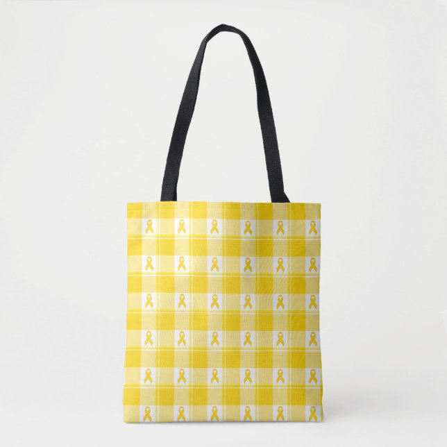 Bolsa Tote Childhood Cancer Awareness Plaid Gold Ribbon (Frente)
