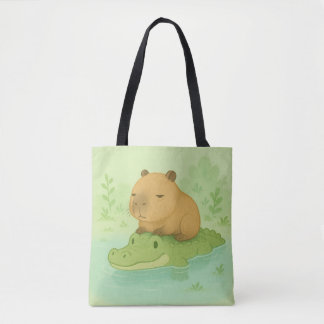 Bolsa Tote Chill Brown Capybara sobre Crocodilo Verde na natu