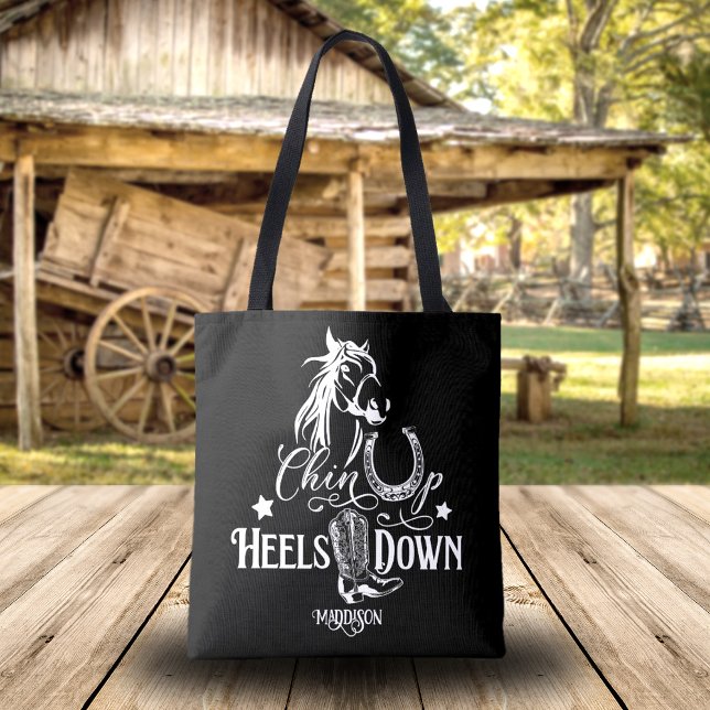 Bolsa Tote Chin sobe saltos em baixo, amante de cavalo de vaq (Personalized cowgirl tote bag, quote: Chin up, heels down. Horse lover, western riding, horse.)