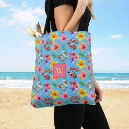 Bolsa Tote Chinelos de Hibuscus Tropicais Monograma Rosa