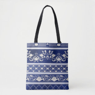 Bolsa Tote Chinês Floral Blue: Vintage Watercolor Borders