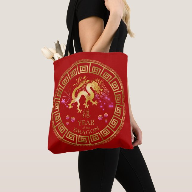 Bolsa Tote Chinês Zodiac Dragon Red/Dourado ID542 (Close Up)