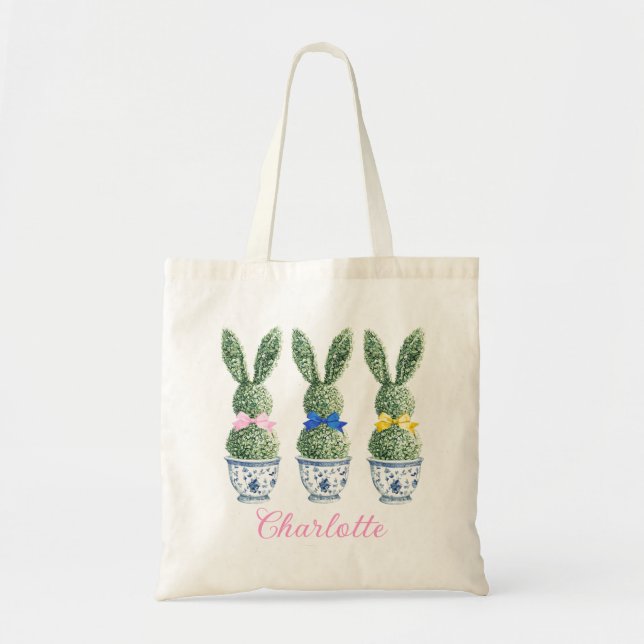 Bolsa Tote Chinoiserie Azul e Branco com Topiária de Coelhos (Frente)