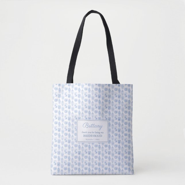 Bolsa Tote Chinoiserie Blue Chic E White Bridesmaid Gift (Frente)