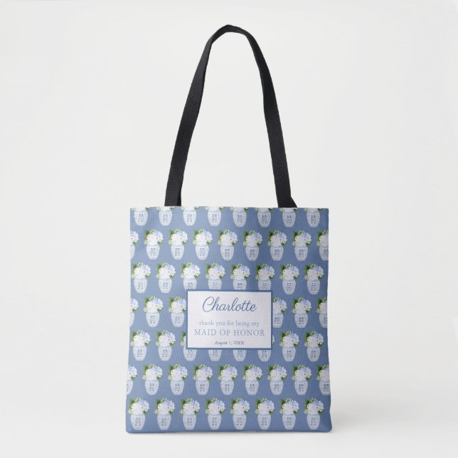 Bolsa Tote Chinoiserie Blue White Weding Monograma Obrigado (Frente)