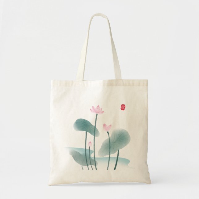 Bolsa Tote Chinoiserie Chinesa Ink Lash Pintura Lotus Floral (Frente)