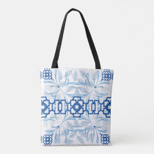Bolsa Tote Chinoiserie Floral Geométrica Azul e Branca