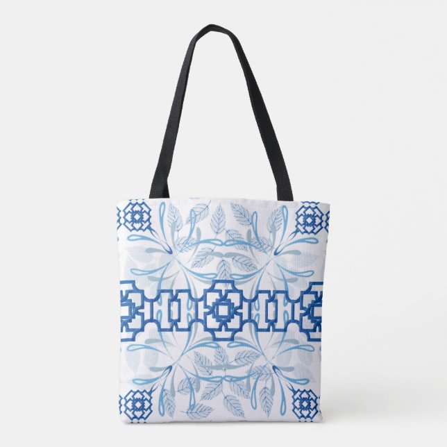 Bolsa Tote Chinoiserie Floral Geométrica Azul e Branca (Verso)