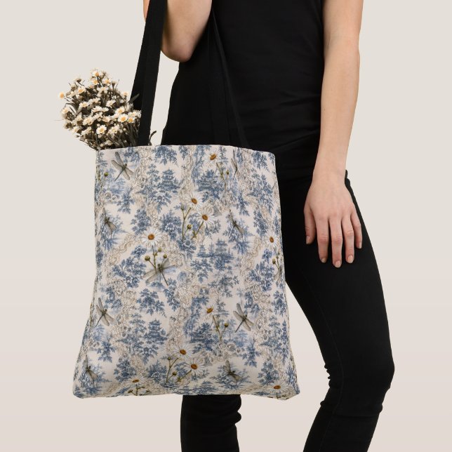 Bolsa Tote Chinoiserie Libélulas, Margaridas e Renda (Close Up)