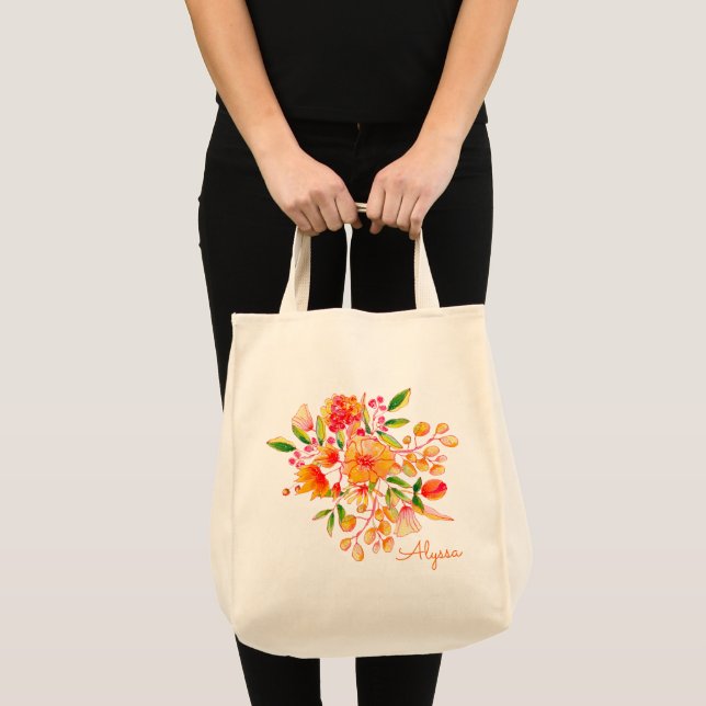 Bolsa Tote Chique Elegante Laranja Floral Personalizado em Aq (Frente (produto))