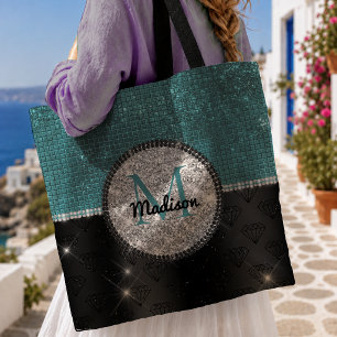 Bolsa Tote Chique monograma falso em preto e turquesa com bri