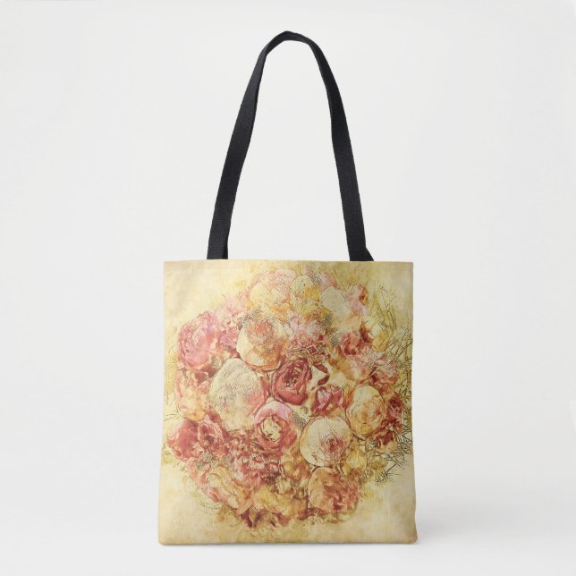 Bolsa Tote Chique Romântico Elegante Creme e Rosas Rosa (Frente)