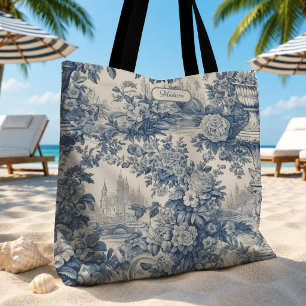 Bolsa Tote Chique Vintage Azul Toile de Jouy Floral Monograma