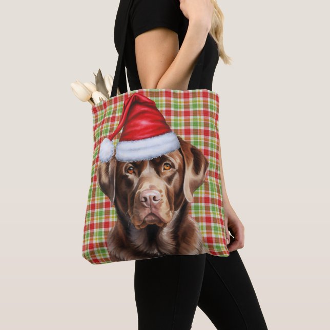 Bolsa Tote Chocolate Lab Christmas Dog Seasonal Plaid (Close Up)