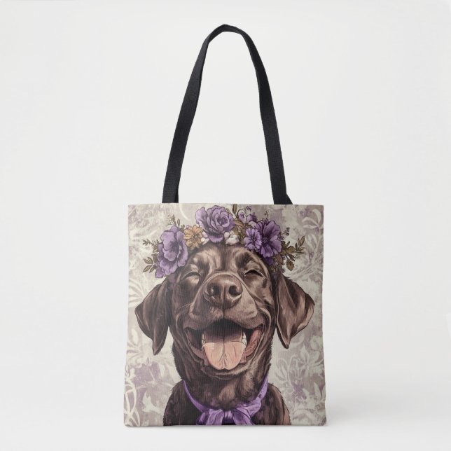 Bolsa Tote Chocolate Labrador Retriever Cão Roxo Floral (Frente)