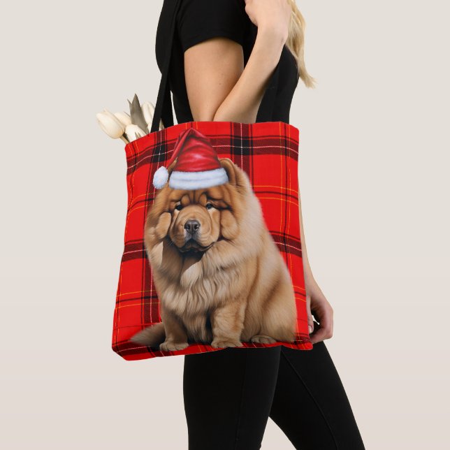 Bolsa Tote Chow Chow Christmas Dog Red Seasonal Plaid (Close Up)