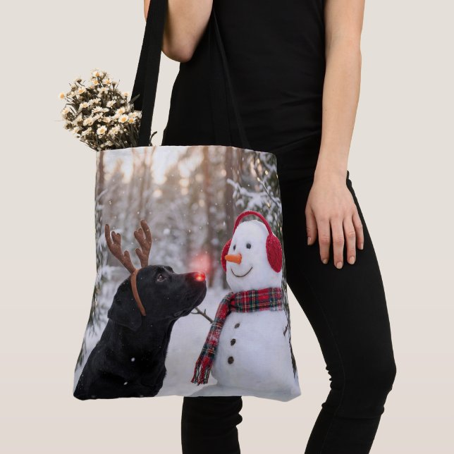 Bolsa Tote Christmas Black Labrador Retriever with Snowman (Close Up)