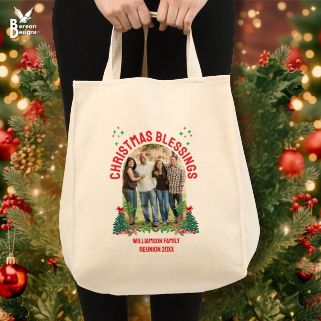 Bolsa Tote CHRISTMAS BLESSINGS FAMILY REUNION MITNON Group (Christmas Blessings Family Reunion Tote Bag with custom photo and text. Great family gift bag.)