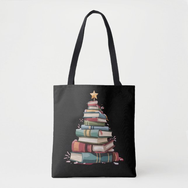 Bolsa Tote Christmas Books Tree Book Lover Teachers Bookworm  (Frente)