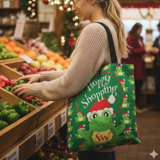 Bolsa Tote Christmas Cute Frog Santa Hat Green Novelty (Criador carregado)