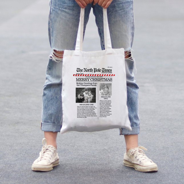 Bolsa Tote Christmas Funny North Pole Times Newspaper Cute (Merry Christmas holiday newspaper print tote bag.)
