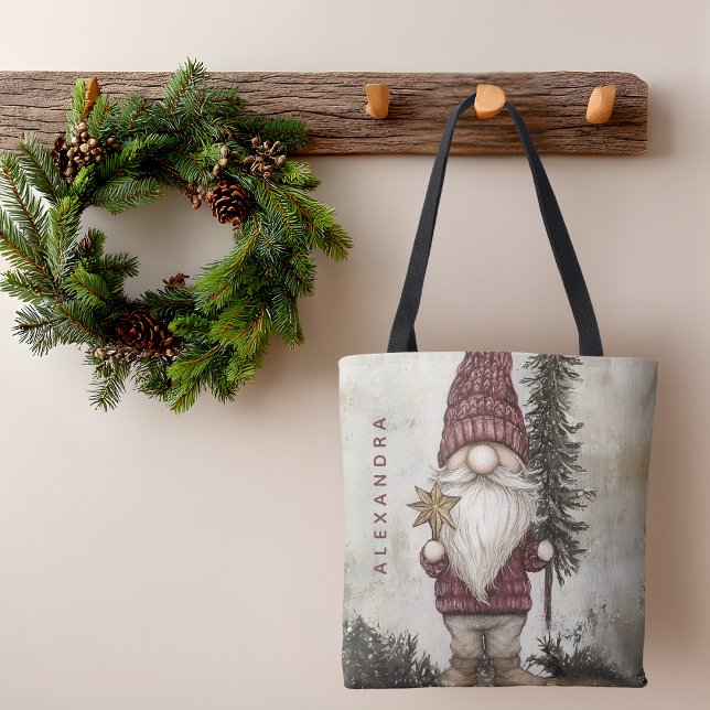 Bolsa Tote Christmas Gnome for the Holidays Custom Name  (Criador carregado)
