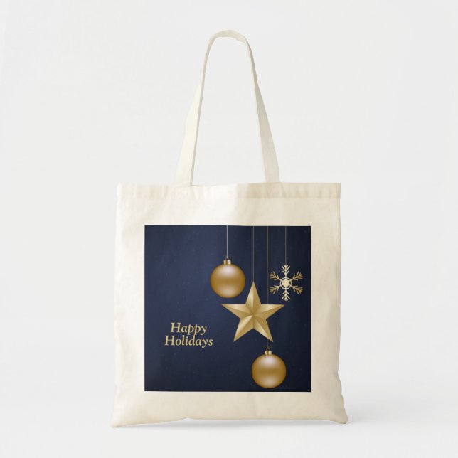 Bolsa Tote Christmas Golden Ornaments Stars Navy Blue Elegant (Frente)