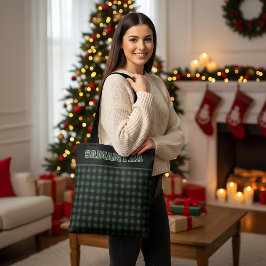 Bolsa Tote Christmas Green & Black Buffalo Plaid Custom Name