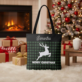Bolsa Tote Christmas Green & Black Plaid Reindeer Custom Name