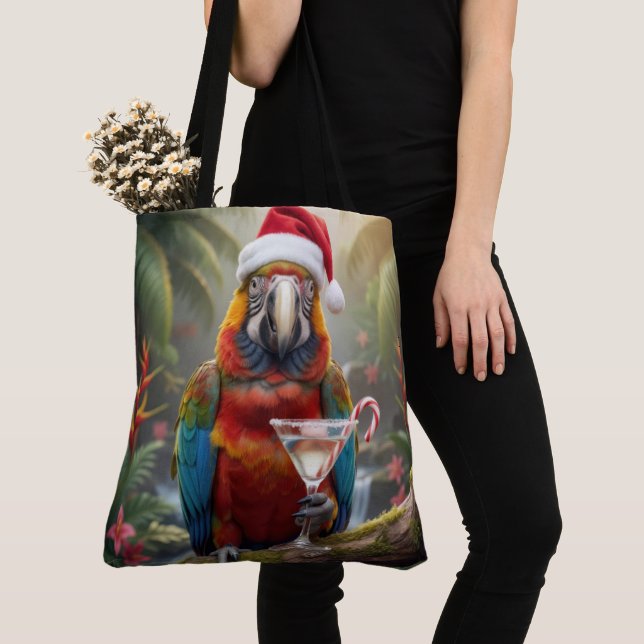 Bolsa Tote Christmas Macaw Parrot With Martini Cocktail (Close Up)