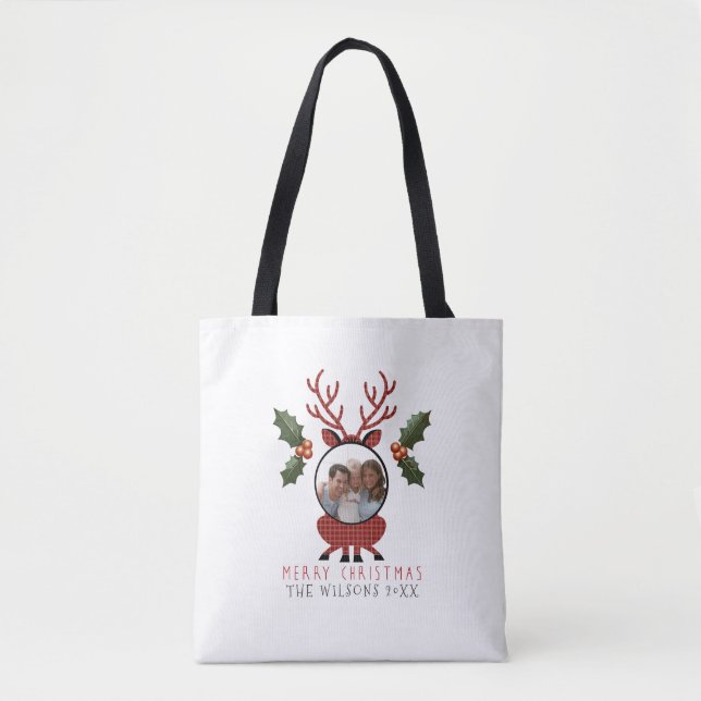 Bolsa Tote Christmas Plaid Reindeer with Personalized Photo (Frente)
