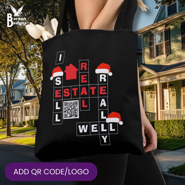 Bolsa Tote CHRISTMAS Real Estate SELL REALLY WELL QR Realtor (Fun Realtor I SELL REAL ESTATE REALLY WELL Christmas tote bag with crossword and custom QR code/logo)