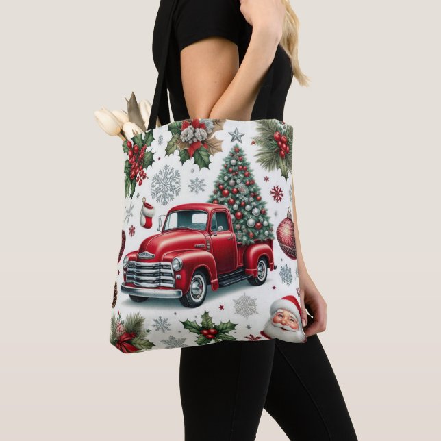 Bolsa Tote Christmas Red Truck and Santa Pattern  (Close Up)