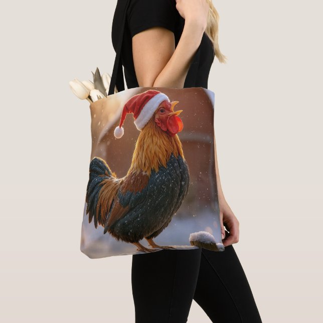 Bolsa Tote Christmas Rooster Wearing a Santa Hat (Close Up)