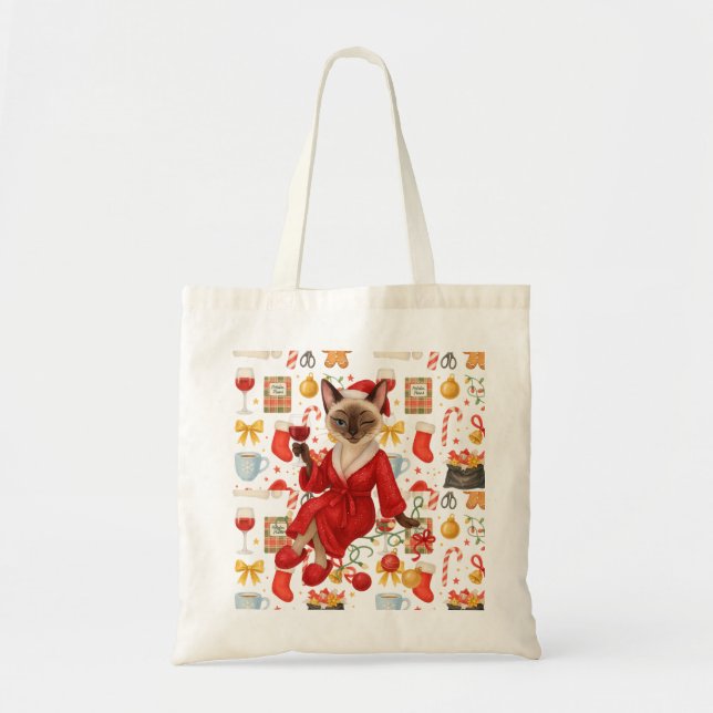 Bolsa Tote Christmas Siamese Cat is celebrating at home (Frente)