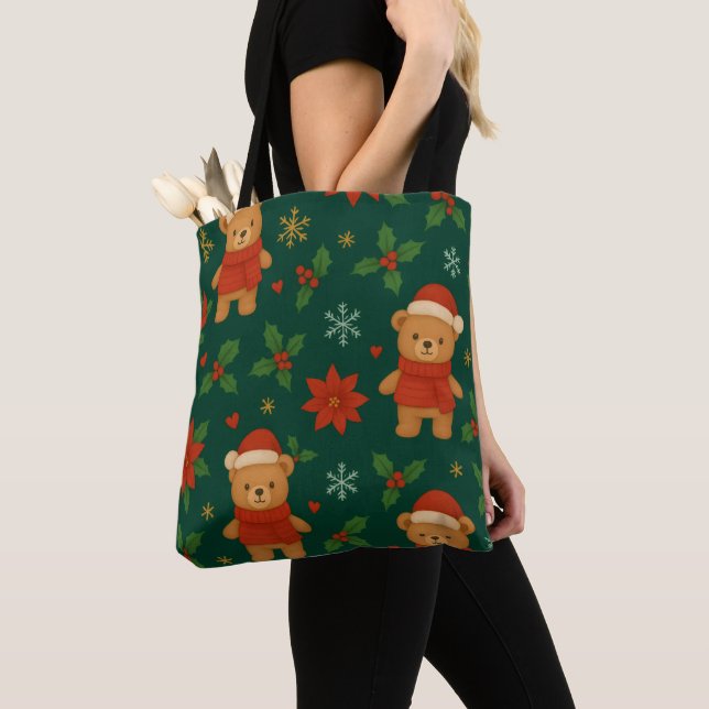 Bolsa Tote Christmas Teddy Bear Pattern – Cute Green Holiday  (Close Up)